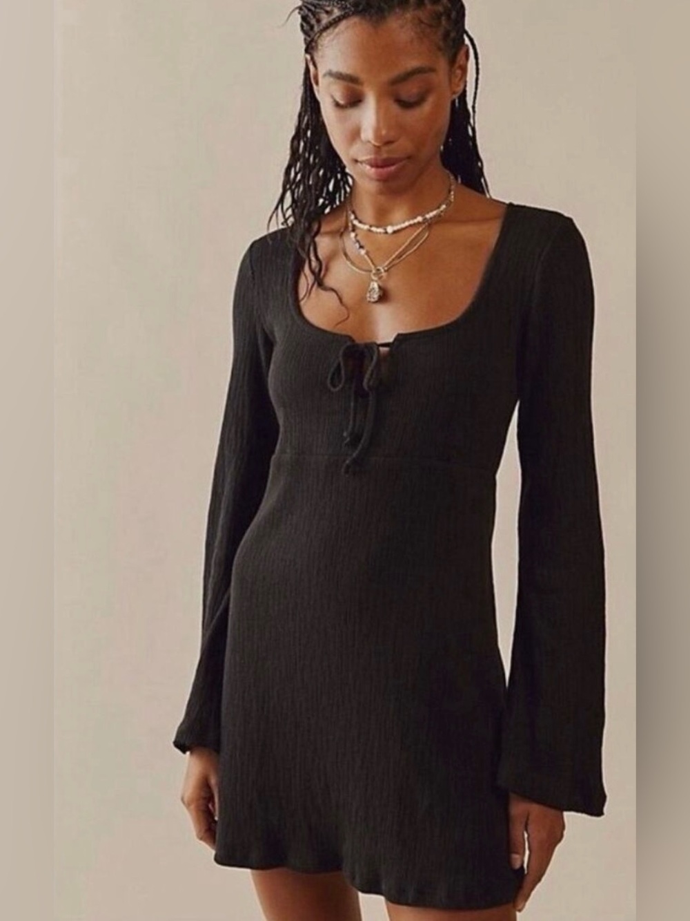 Free People Beach Bryne Black Long Sleeve Tie-Front Mini Dress